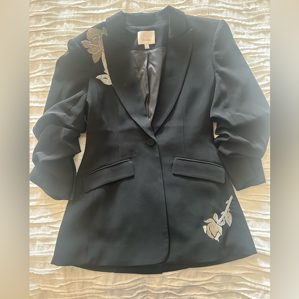 Cinq à Sept Black Blazer with Silver and Rose Gold Embroidery